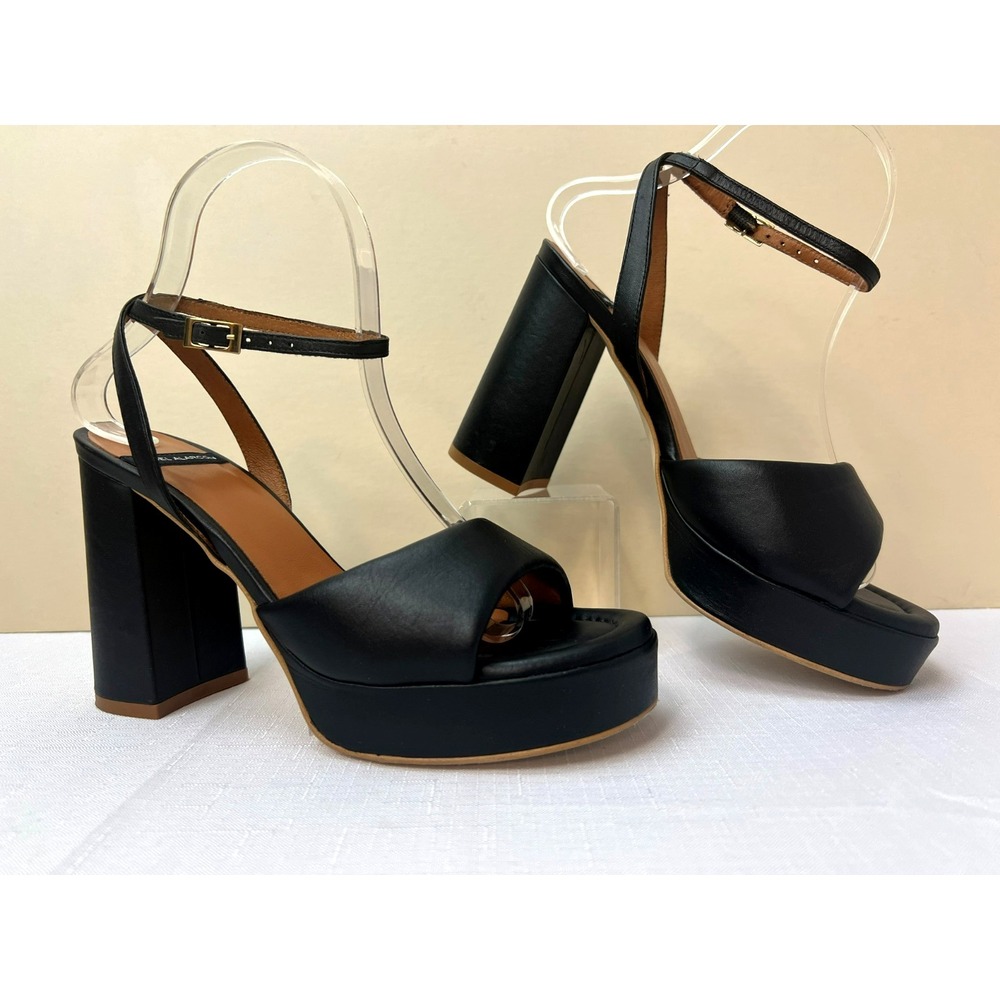 Angel Alarcon Platform Sandals black Leather Ankle Strap Chunky Covered Heel 7.5